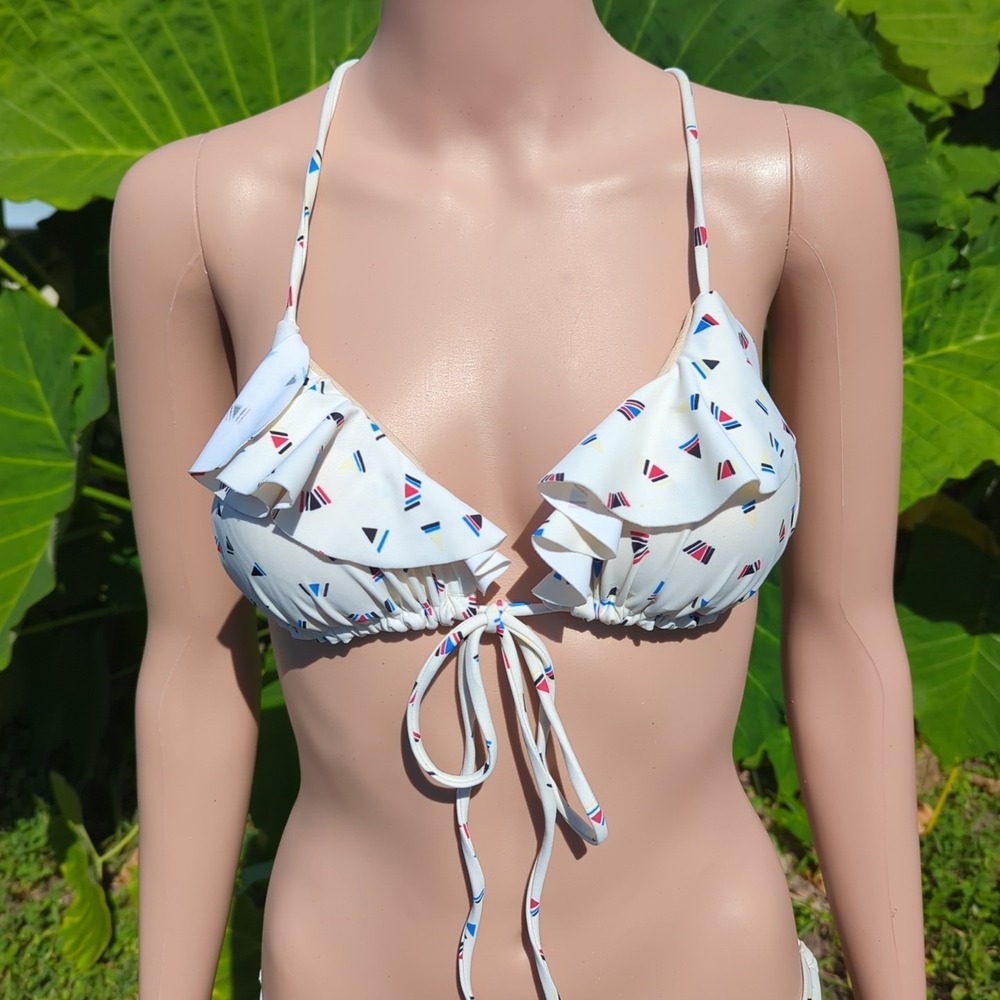 SPLIT Womens Medium bikini Cream nautical ruffles triangle top racer back